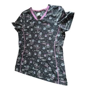 Owl Scrub Top Heart Soul Women's Large Hoo Needs A Nap Print V-Neck Pink Black